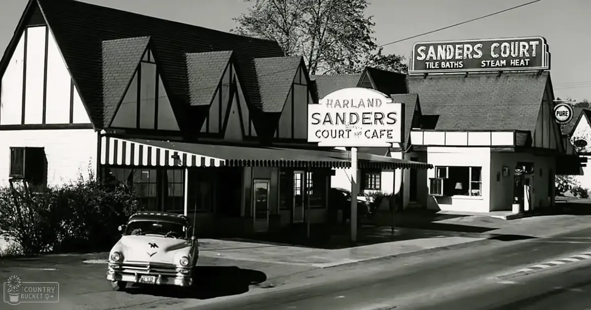 Harland Sanders Court Cafe, Tudor-style building with vintage car parked in front, small town setting, trees and power lines visible.