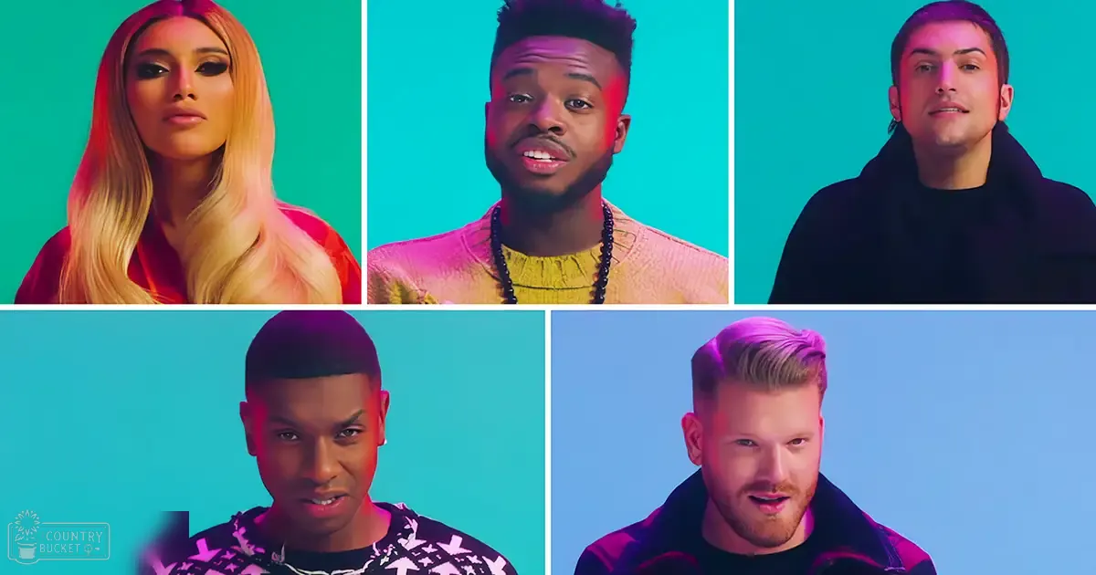 A group of individuals wearing various garments in a studio setting against a solid-colored backdrop.