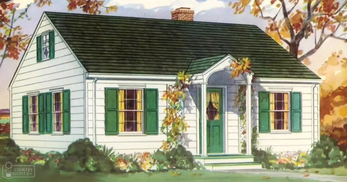A small white house with green shutters, surrounded by autumn foliage in a residential outdoor setting during late afternoon or early evening.