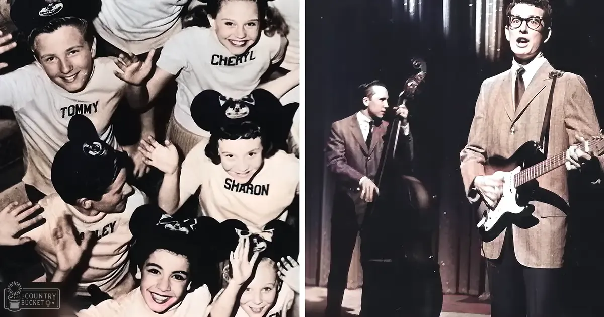 Group of children in casual attire at a theme park setting; adults playing musical instruments indoors with stage lighting.