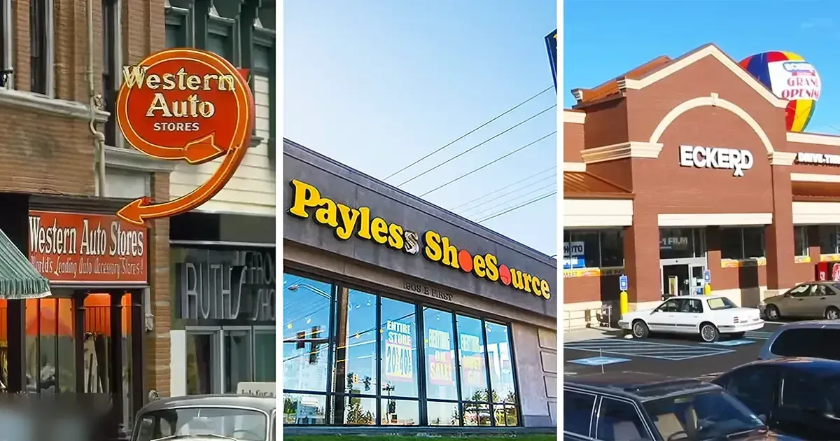 Western Auto Stores, Payless ShoeSource, and Eckerd Drug storefronts with signs and displays in an urban commercial area during daytime.