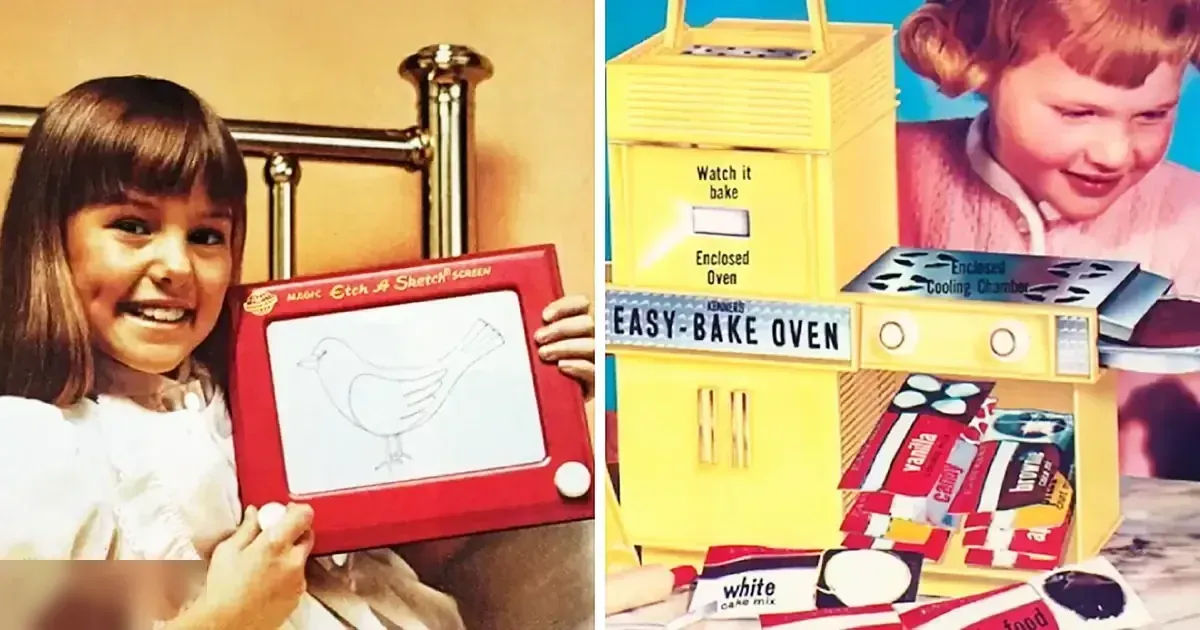 A child holding an Etch A Sketch toy, wearing a white ruffled dress or blouse with a vintage Easy-Bake Oven in the background.