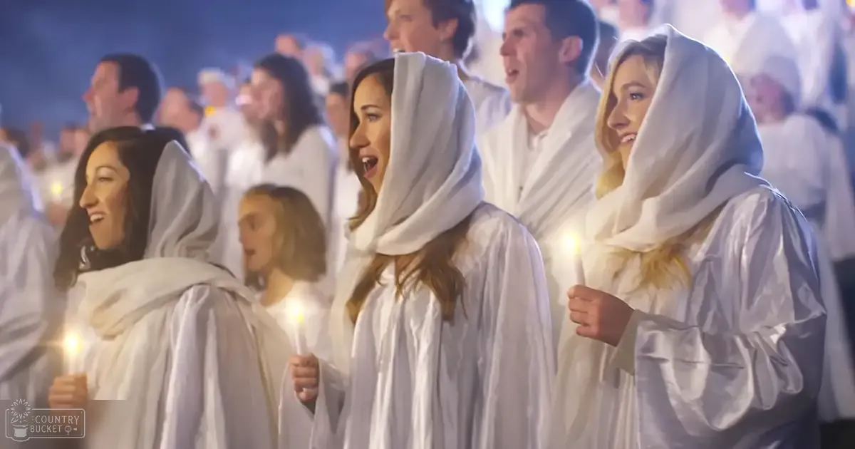 A group of young adults in white robes participating in what appears to be a religious or ceremonial event inside an indoor space with soft ambient lighting, suggesting evening or night time.