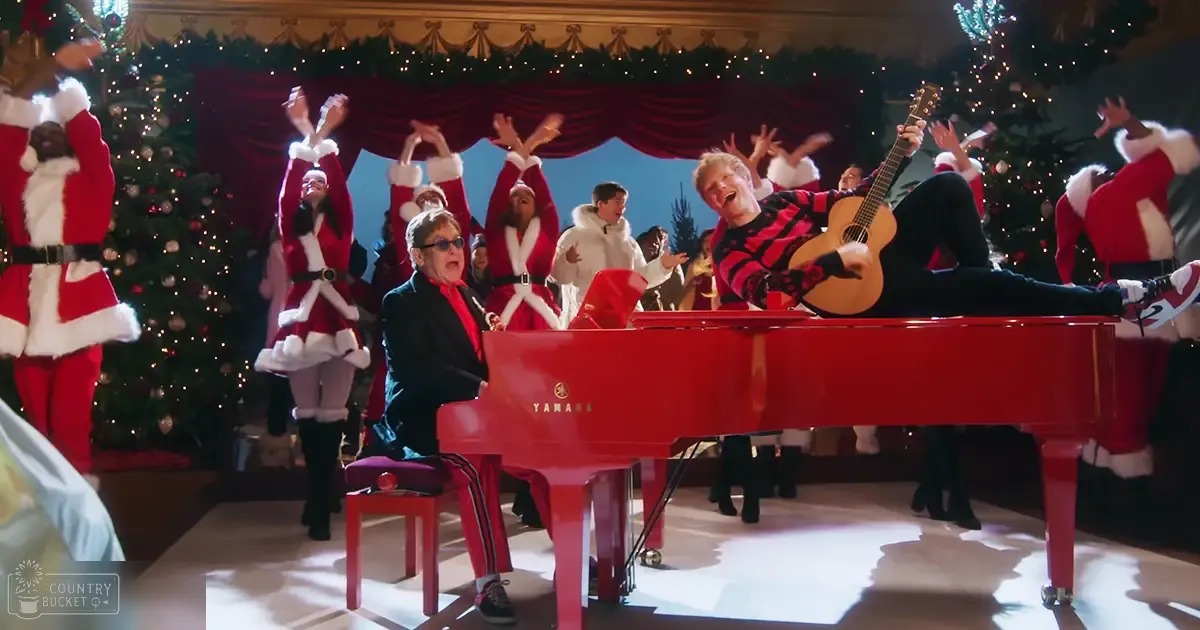 A festive indoor performance scene with a piano and Christmas decorations.