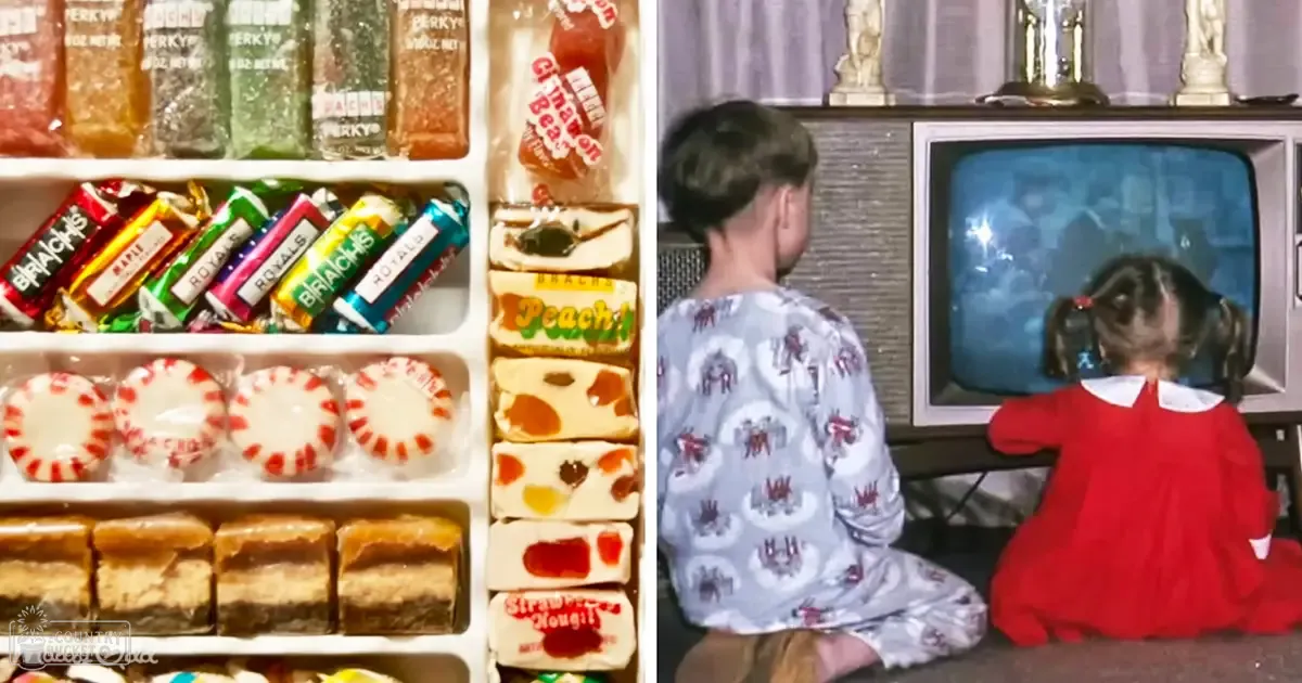 Nostalgic mid-20th century scene with children watching vintage candy and television in a home setting.