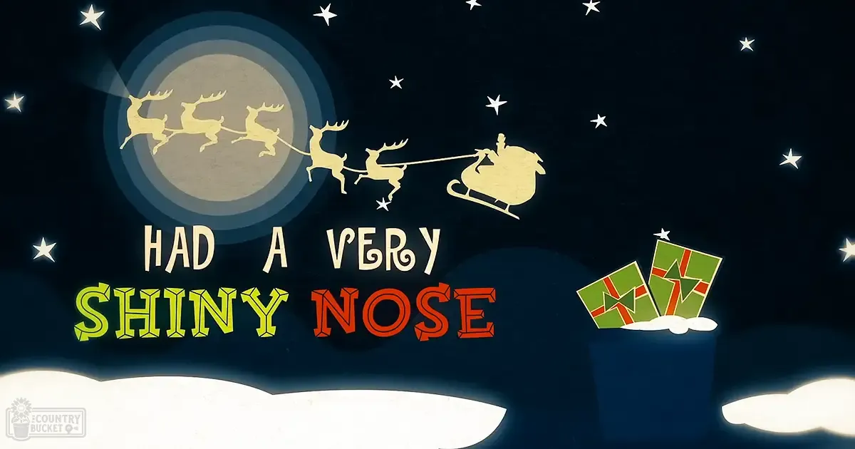 Santa Claus in his sleigh under a large moon on Christmas night with gifts wrapped in green paper and white clouds.