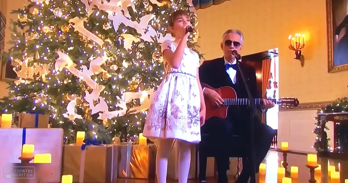 Two individuals performing in front of a Christmas tree decorated with lights, ornaments, and white doves; the setting appears to be indoors during winter, with warm lighting and elegant interior elements.