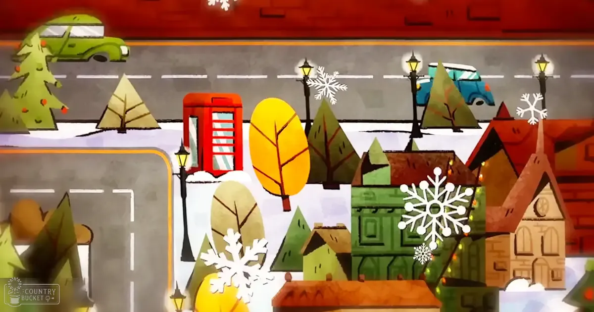 A snowy town scene with a red telephone booth, snow-covered trees and rooftops, street lamps with snowflakes, two cars driving on a road, and a church or cathedral-like building during winter.