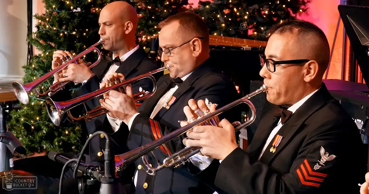 Adult males performing music in front of a decorated Christmas tree indoors during evening holiday season.