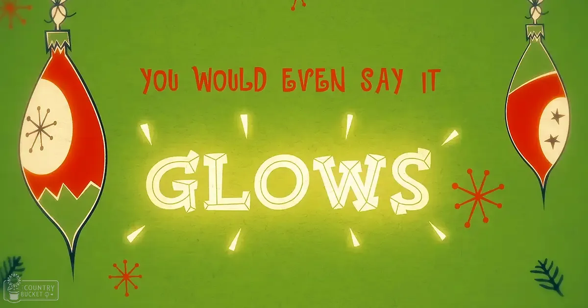 Two red and white Christmas ornaments with star patterns hanging against a gradient green background, glowing text 'YOU WOULD EVEN SAY IT GLOWS' in the foreground.