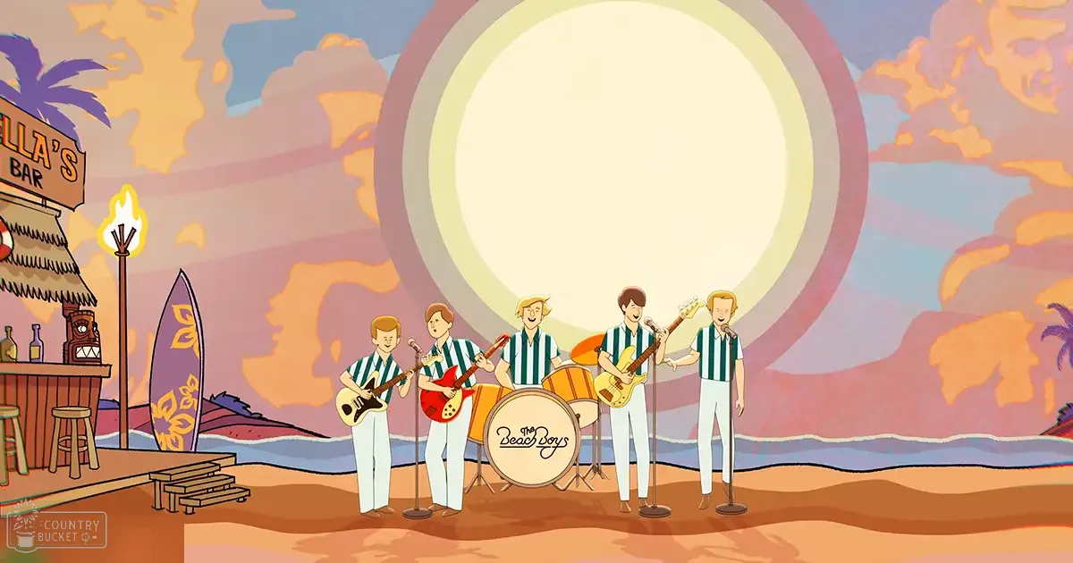 A tropical bar scene with 'The Beach Boys' performing on a beachside stage at sunset or sunrise with palm trees in the background.