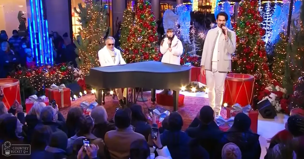 A musical performance with festive Christmas decorations, including a grand piano and decorated trees, held indoors during the evening.