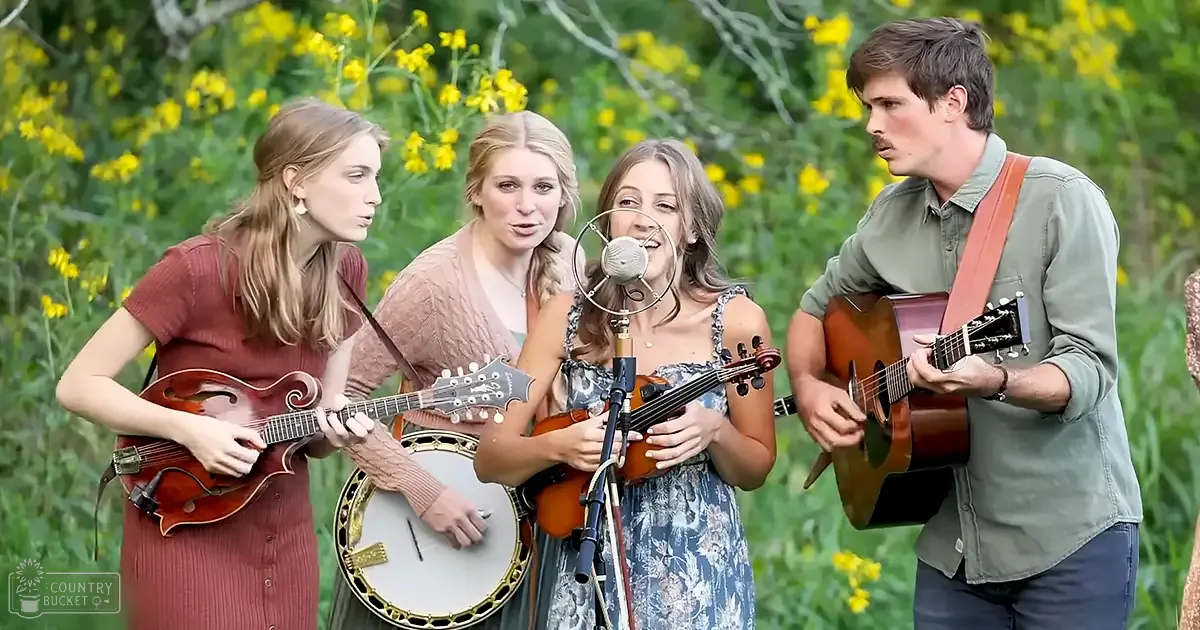 A musical performance in a lush green outdoor setting with yellow flowers in the background during spring or summer.