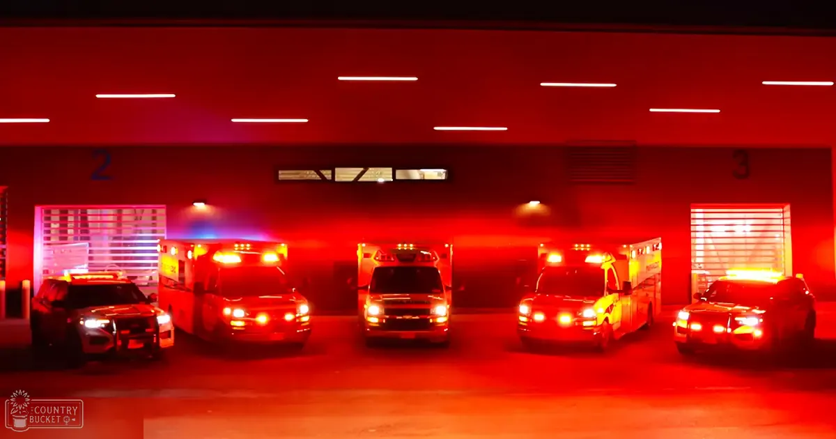 Emergency vehicles in a garage at night with red and blue lighting illuminating the scene.