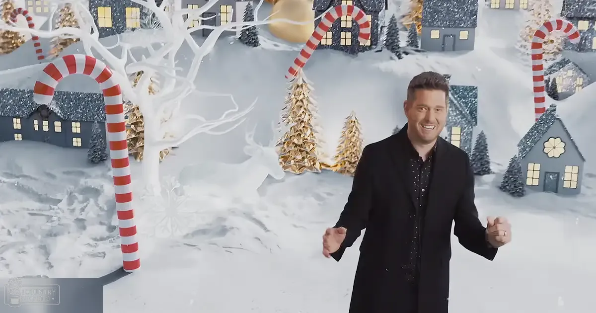 A winter scene with snow-covered ground, decorated houses, candy canes, and Christmas trees against a festive backdrop.