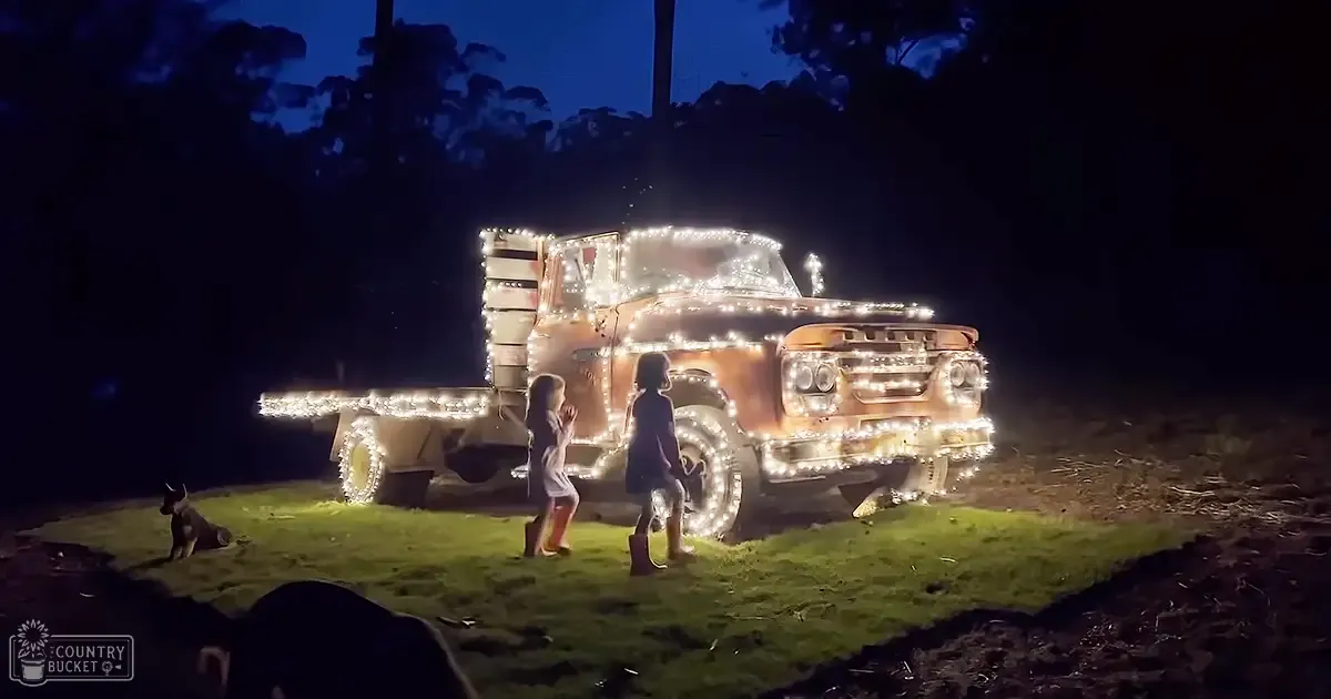 A vintage truck adorned with white lights is displayed at night in a rural or suburban setting, surrounded by dark trees and open grassy areas.