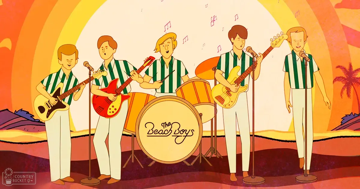 The Beach Boys performing with palm trees and a vibrant sunset backdrop during sunrise or sunset.