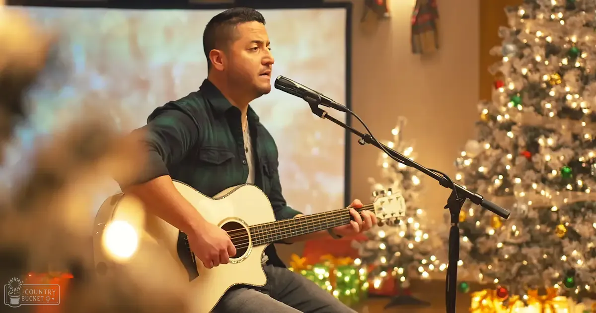 Adult male playing a white acoustic guitar in an indoor setting decorated for Christmas.