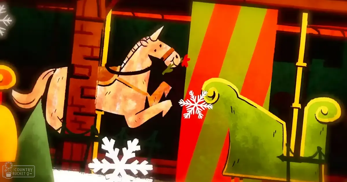 A festive indoor setting with a horse-like creature resembling a unicorn, light brown coat, white horn; red, green, and white holiday decorations.