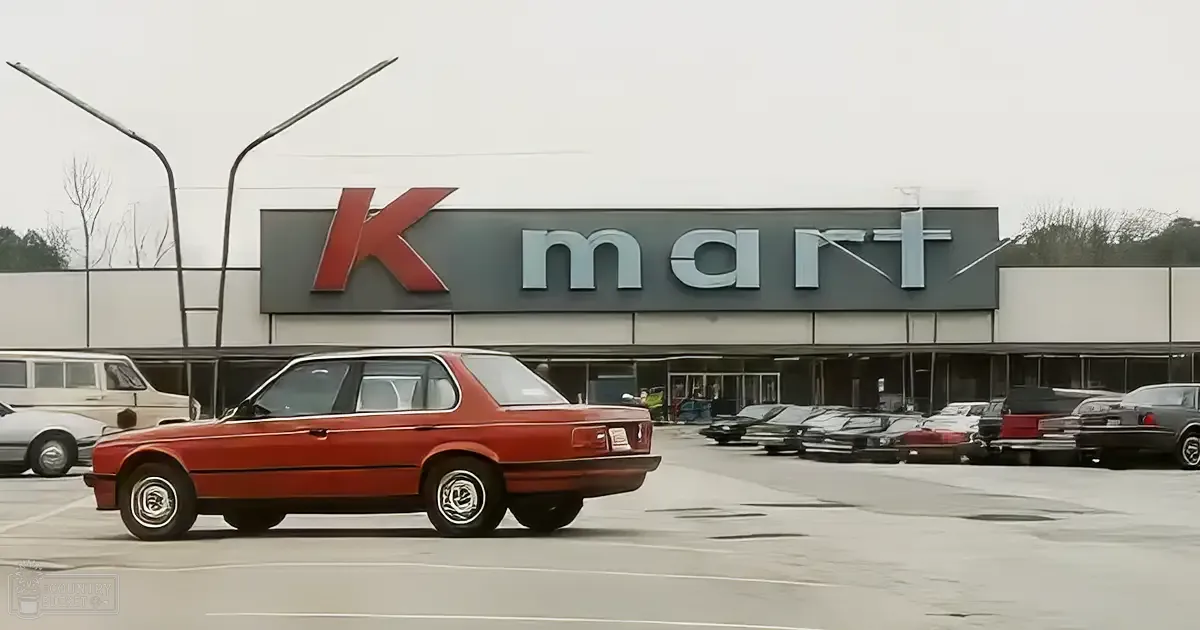 Red BMW parked at a Kmart parking lot with bold lettering sign overhead, soft overcast light suggests early morning or late afternoon in late fall or winter.