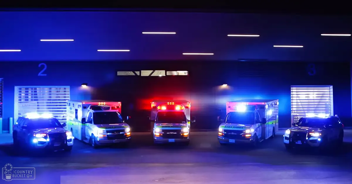 Emergency vehicles with activated lights in an indoor parking garage at night, numbered bays visible on the wall behind them.