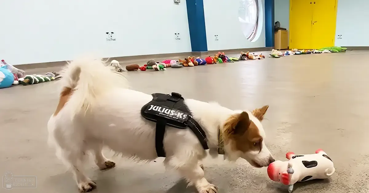 A white dog with brown patches, possibly a Jack Russell Terrier mix, stands in an indoor play area filled with stuffed toys and wall decorations with small dog illustrations.