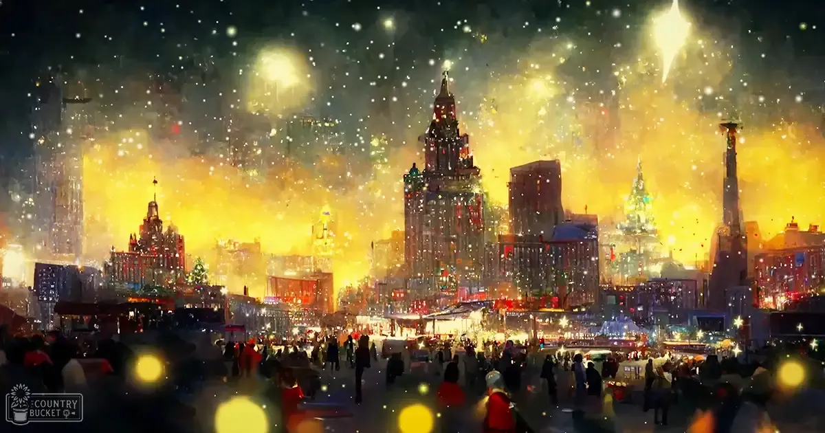 A festive cityscape at night, likely Moscow, with illuminated buildings and a large crowd gathered in an open square or plaza, surrounded by snowfall.