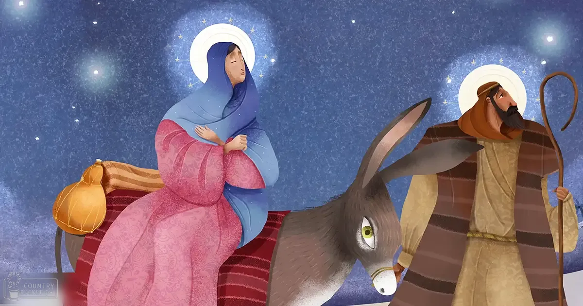 A nativity scene with Mary, Joseph, baby Jesus in a manger, surrounded by a donkey and a starry night sky.