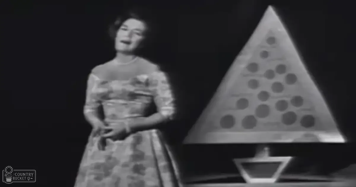A woman stands indoors wearing an elegant long-sleeved dress with a fitted bodice and full skirt, displayed under spotlighting in what appears to be a stage or studio setting.