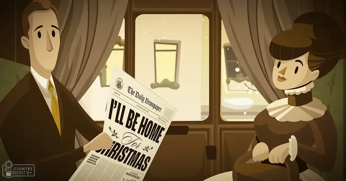 A middle-aged man in a dark suit jacket and yellow tie reads 'The Daily Newspaper' inside what appears to be a train car, with snow visible through the window; a woman wearing a brown dress with a white ruffled collar stands nearby.