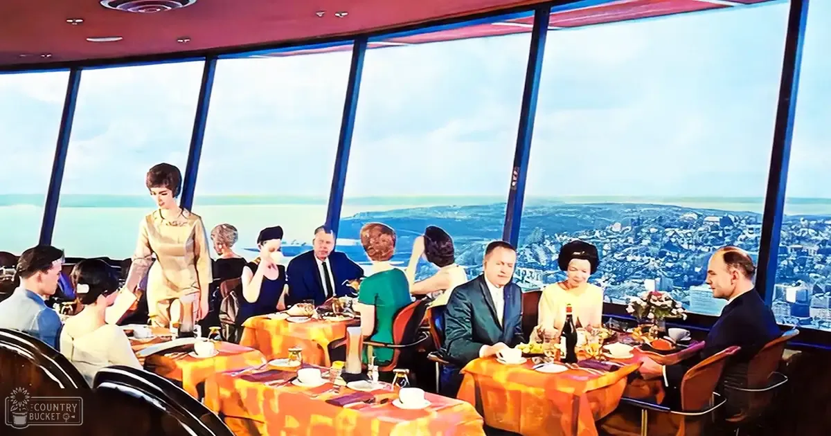 A dining scene inside an elevated restaurant with panoramic views of a coastal cityscape. Adult females in elegant dresses and adult males in suits are seated at tables covered with orange tablecloths, enjoying the view.