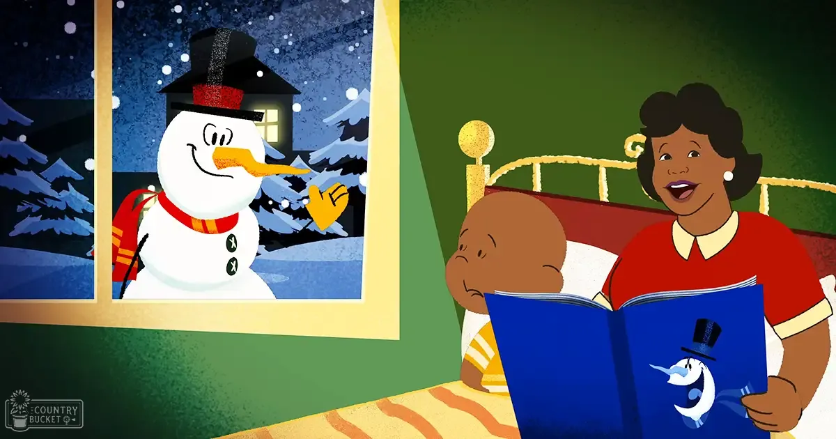 A snowy night scene with pine trees and a lit house viewed through a wooden window frame in a bedroom with green walls, yellow/orange striped bedding, and an adult female wearing red top and pearl earrings.
