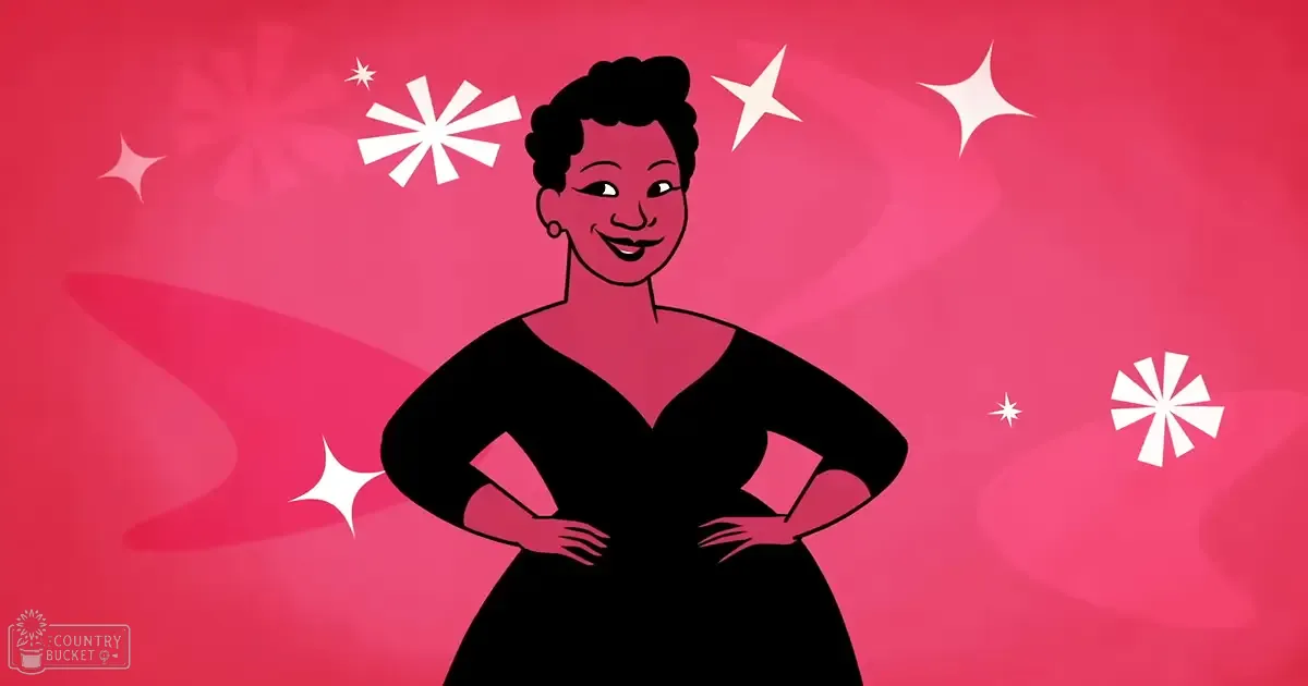 An adult female in a modern illustration, wearing a black dress with a sweetheart neckline and fitted sleeves against a vibrant pink background.