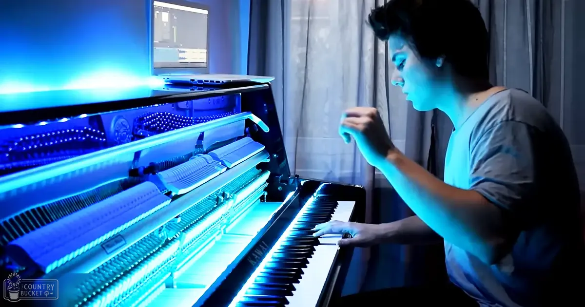 A young adult female plays a piano in a home studio setting with light-colored curtains and modern, casual attire.