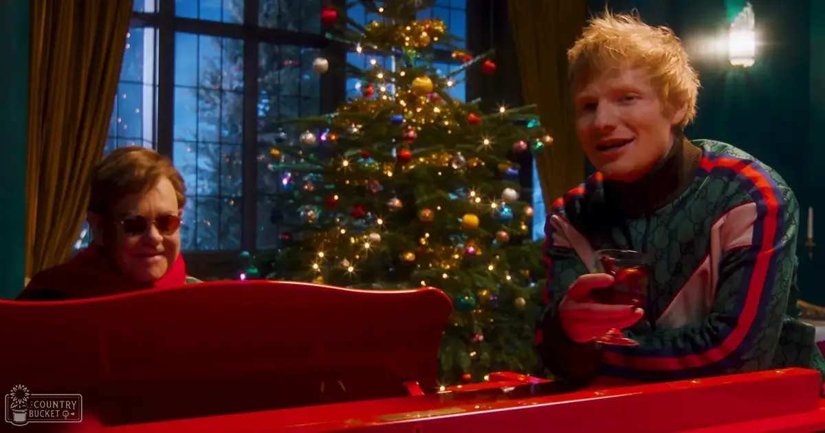 Young adult male in a holiday setting with another person at a piano. Decorated Christmas tree, red piano, artificial lighting.