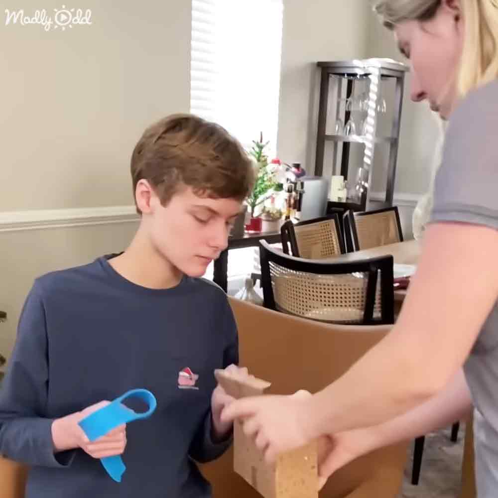 A teenager in a dark blue long-sleeved shirt with an adult female wearing a light gray short-sleeved top indoors, possibly during the holiday season.