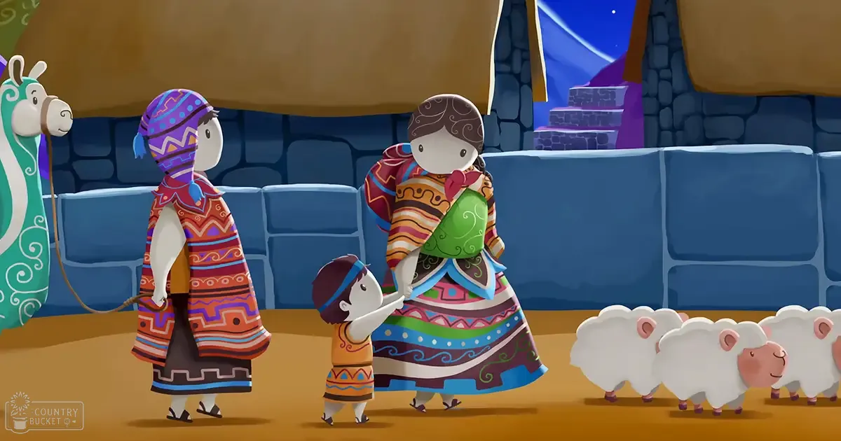 A rural farmyard scene with sheep, a toddler, a child, and an adult wearing traditional clothing with vibrant patterns.