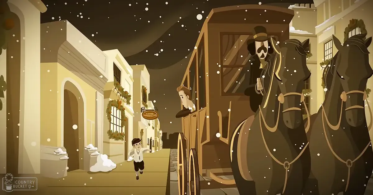 A snowy town at night with a horse-drawn carriage, two large dark-brown horses with white speckles, and festive decorations on old European-style buildings.