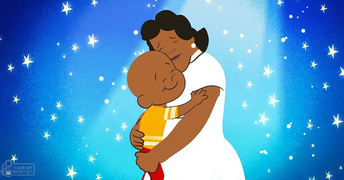 An adult female hugs a toddler in front of a starry night sky backdrop, wearing white dress and earrings, with the child in a yellow shirt with red accents. The scene suggests an indoor nighttime or dream-like setting.
