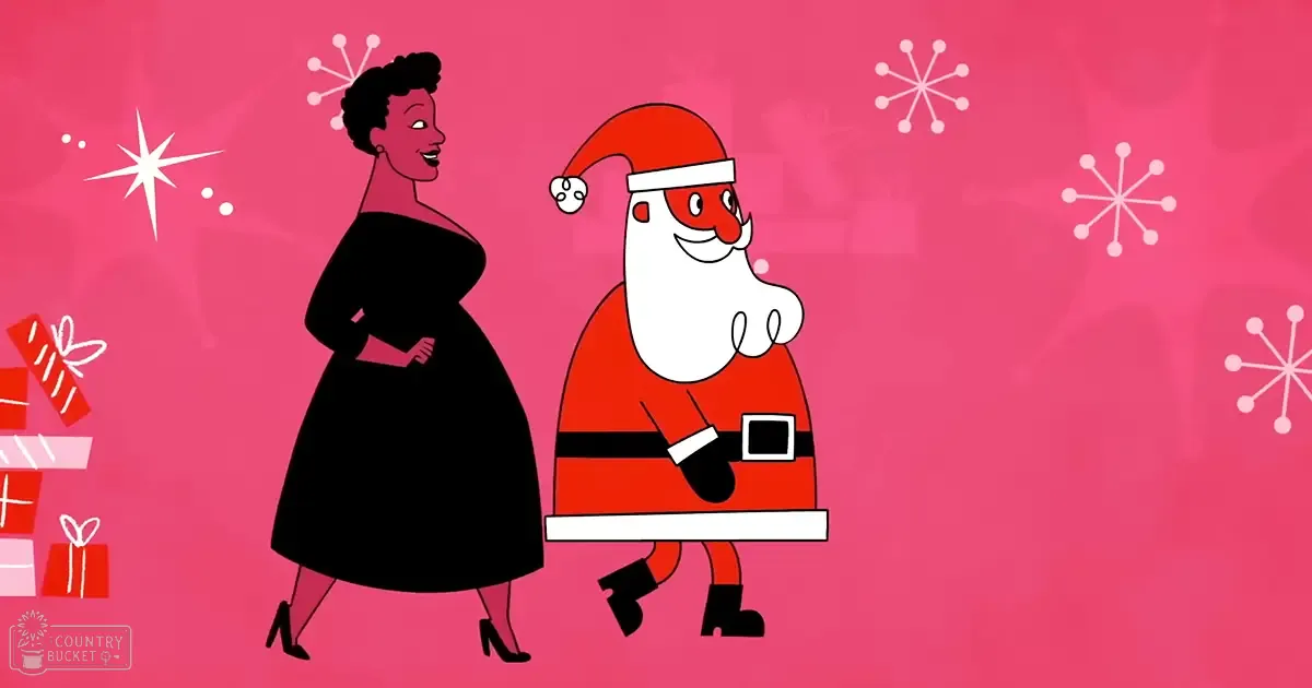 A festive holiday scene with a middle-aged adult female in a black dress, holding a white rectangular object, surrounded by small red gift boxes against a bright pink background.