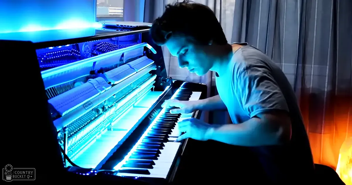 A young adult male in a relaxed, casual gray t-shirt plays a piano with blue internal lighting. The setting appears to be indoors, possibly during daytime, with natural light filtering through curtains and a laptop on top of the piano.