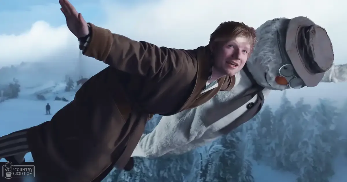 A young adult male stands outdoors in a snowy winter scene, wearing a brown jacket with a high collar and long sleeves. A snowman is prominently featured in the foreground.