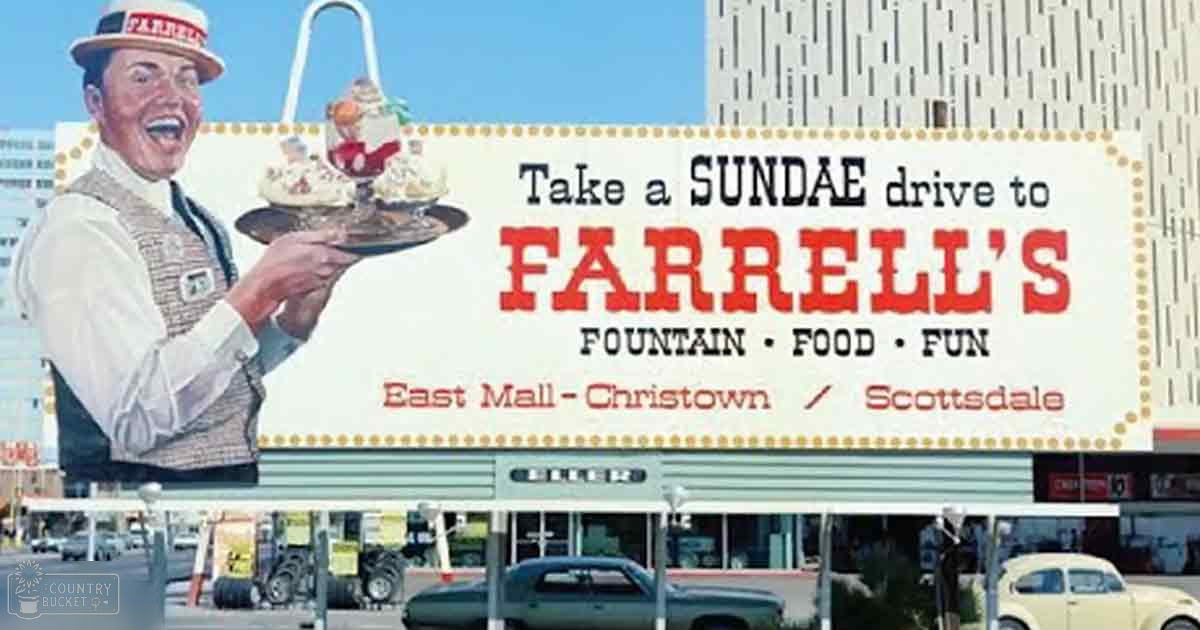 A billboard advertisement for Farrell's Fountain Food Fun with an illustrated man in a hat holding a tray with sundae dishes, set against an urban backdrop.