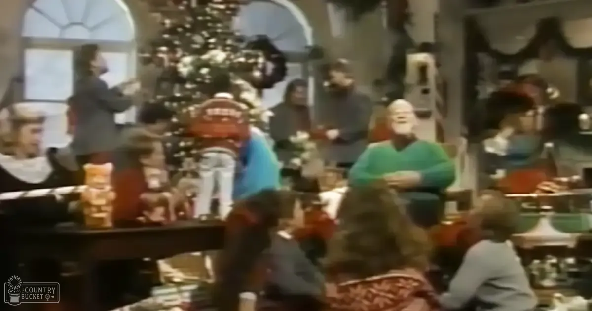 A family gathering in a living room during Christmas time; adults and children seated around a decorated tree with natural light streaming through arched windows.