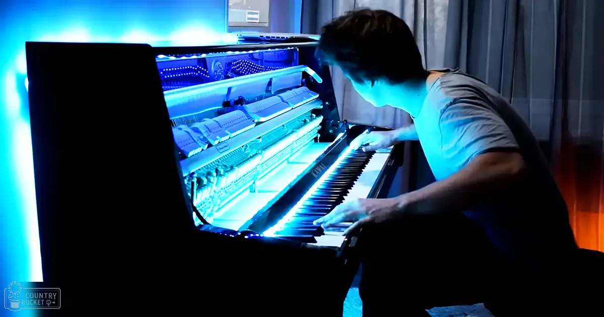 A young adult male wearing a light blue, modern casual t-shirt plays a piano indoors with curtains suggesting evening lighting.