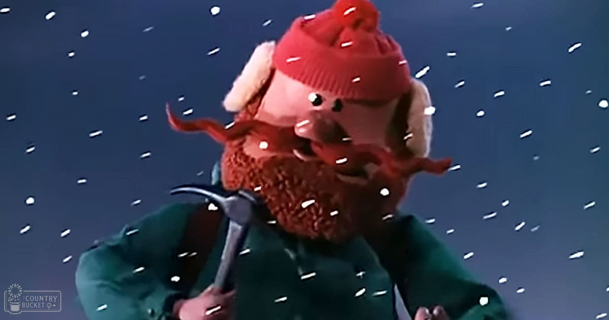 A stuffed animal wearing a red knit hat with white pom-poms, a green sweater with snowflake patterns, set against a dark blue studio backdrop with white speckles resembling falling snowflakes.