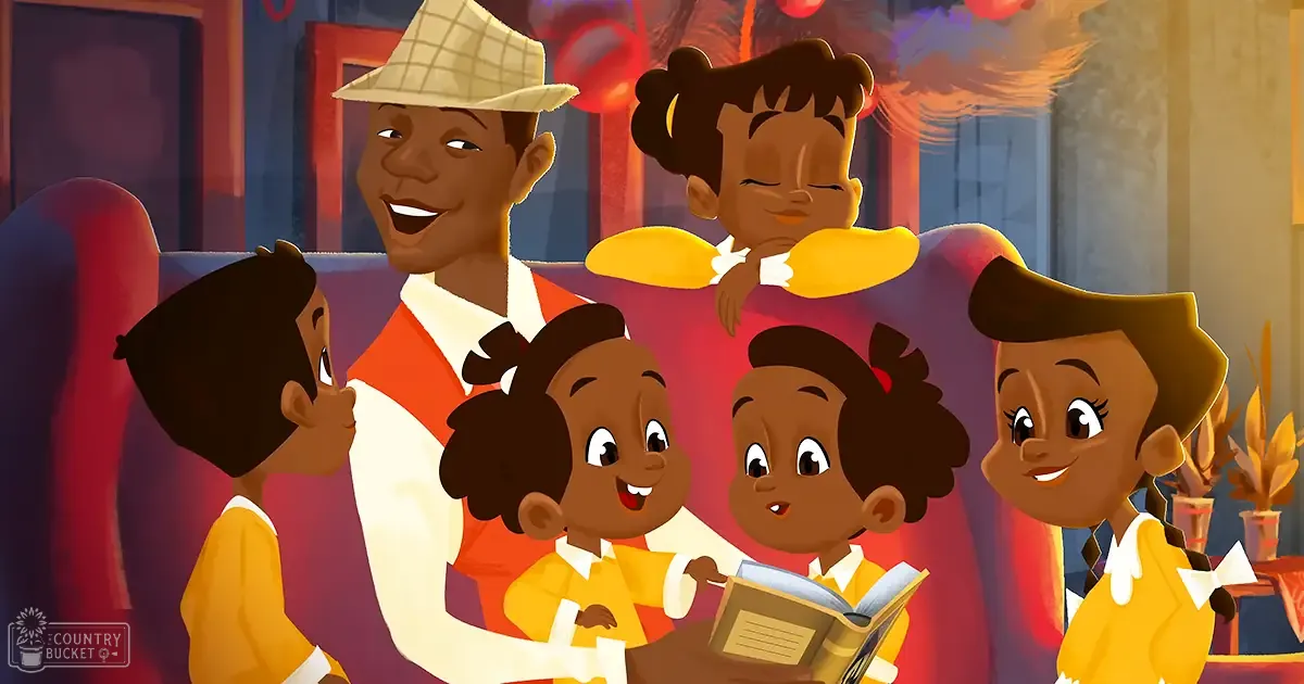 A family scene indoors with adults and children wearing yellow outfits, warm evening lighting, red couches, decorative plants, 'Madly Odd' garment text.