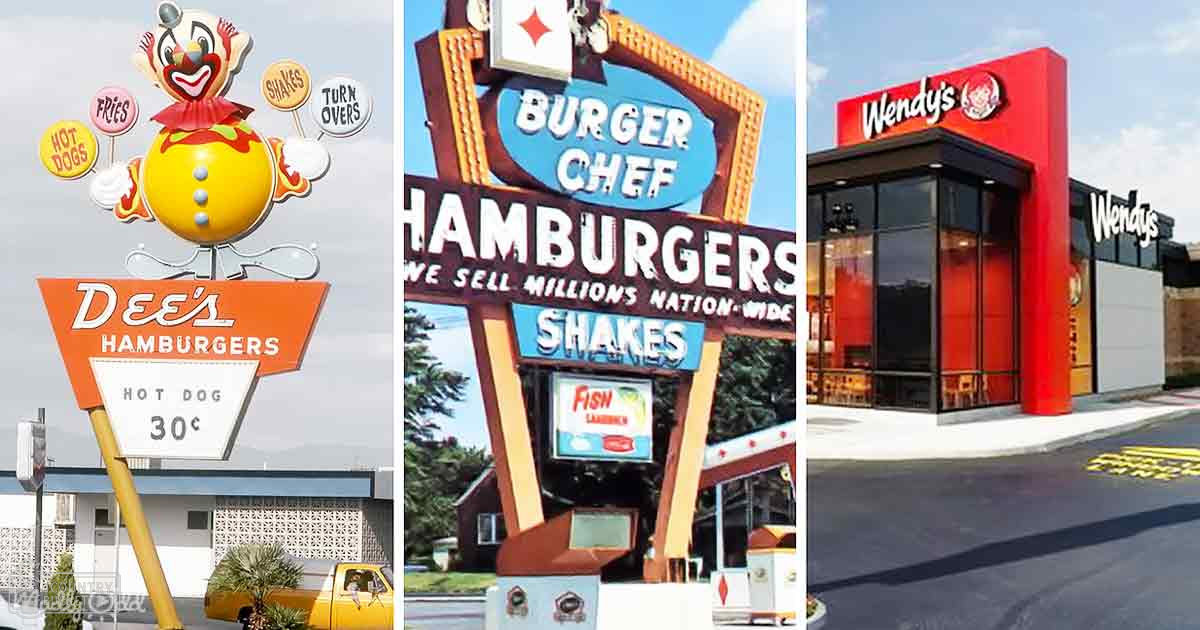 Comparative view of historical and modern fast-food restaurant branding under clear skies.