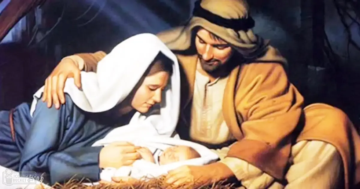 An indoor nativity scene depicting Mary, Joseph, and baby Jesus with dark tones and hay, possibly winter season