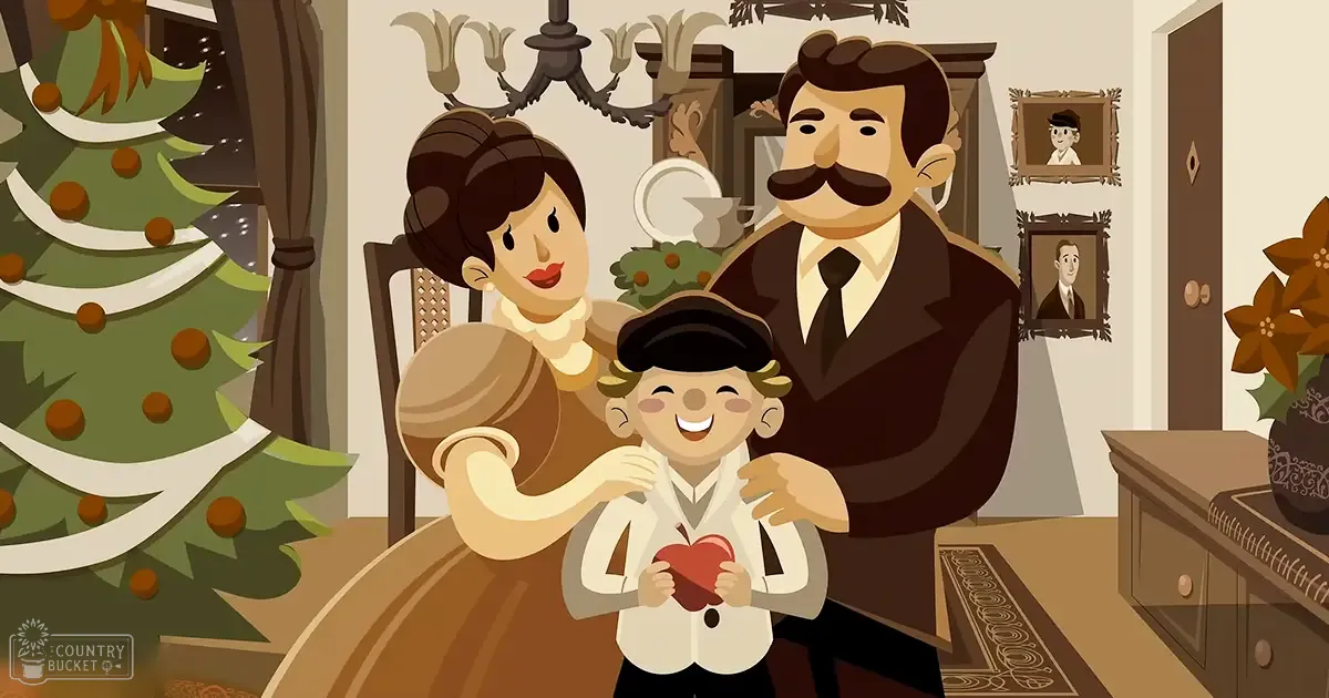 A family scene indoors with a decorated Christmas tree and vintage attire, suggesting a holiday setting.